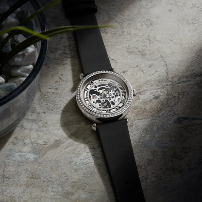 Stuhrling Original Luxe 4022 Women's Automatic Watch, 38mm, Black Leather Strap, Skeleton Dial