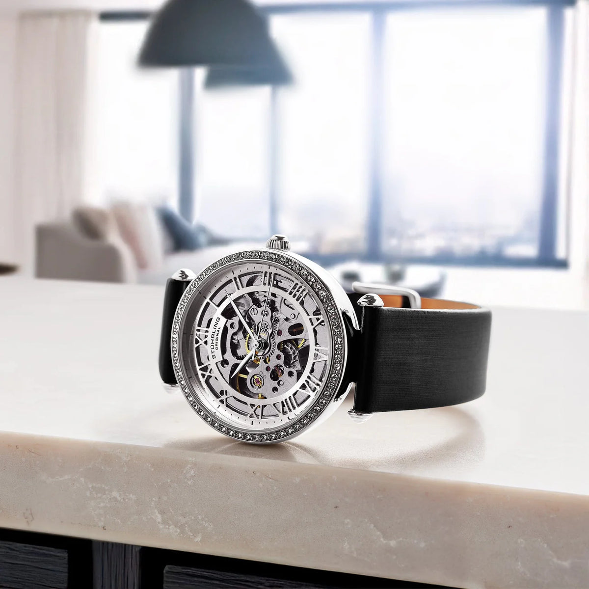 Stuhrling Original Luxe 4022 Women's Automatic Watch, 38mm, Black Leather Strap, Skeleton Dial