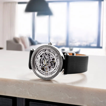 Stuhrling Original Luxe 4022 Women's Automatic Watch, 38mm, Black Leather Strap, Skeleton Dial