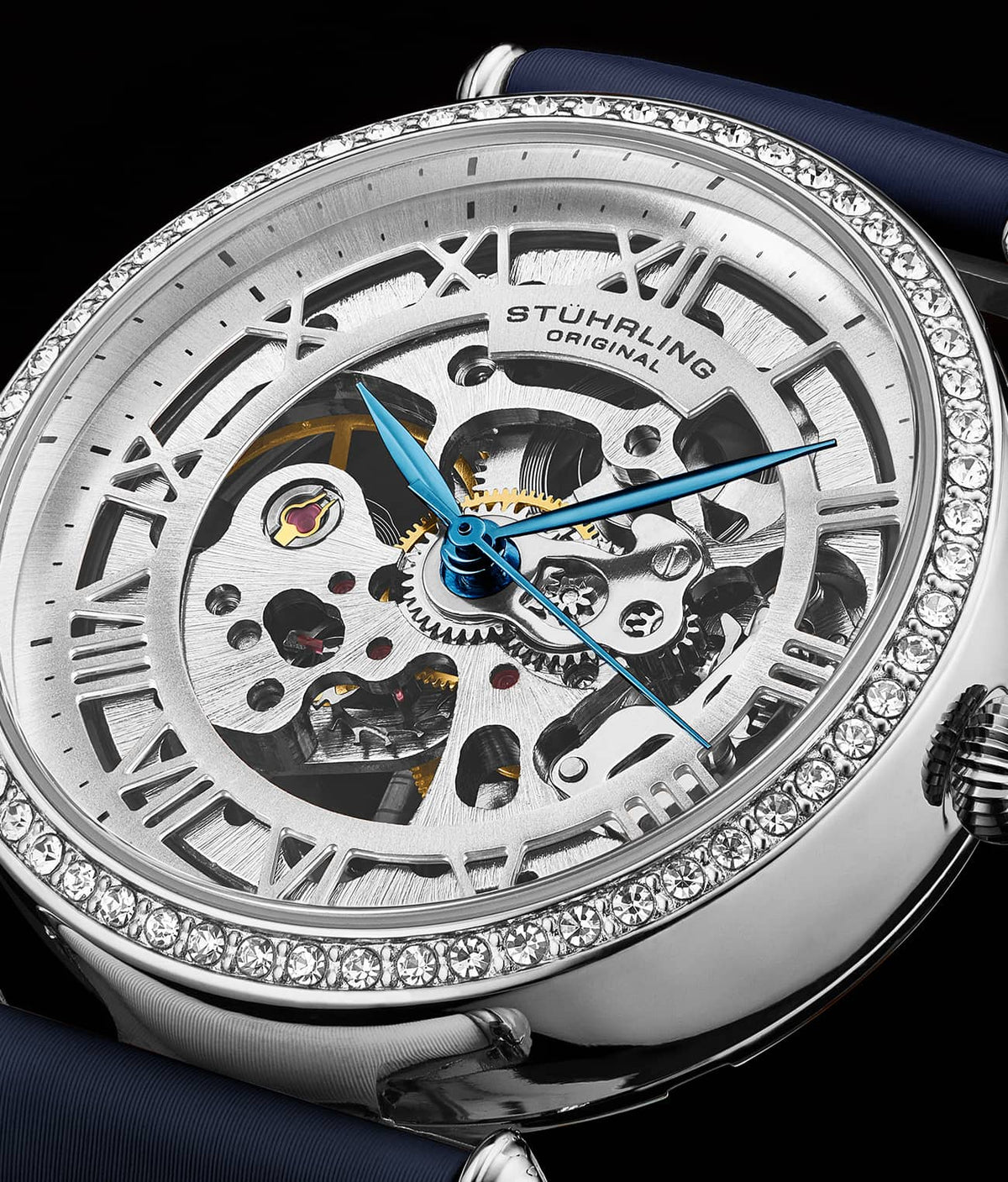 Stuhrling Original Luxe 4022 Women's Automatic Watch, 38mm, Navy Leather Strap, Skeleton Dial
