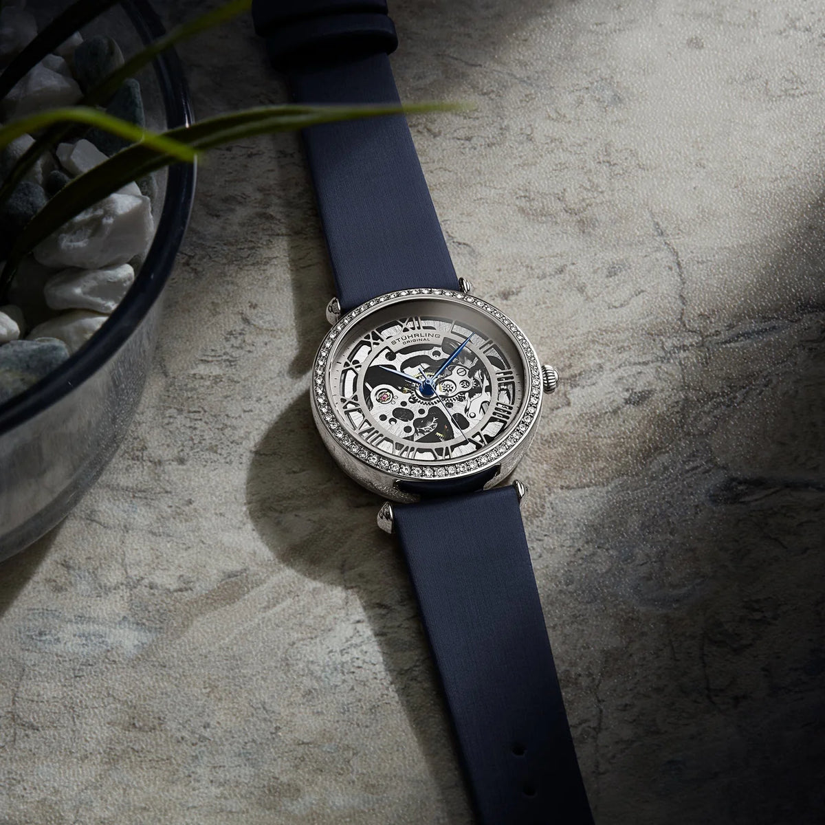 Stuhrling Original Luxe 4022 Women's Automatic Watch, 38mm, Navy Leather Strap, Skeleton Dial