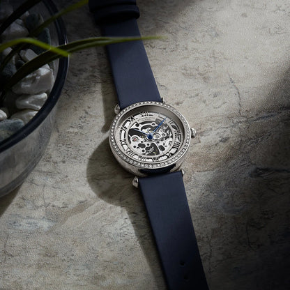 Stuhrling Original Luxe 4022 Women's Automatic Watch, 38mm, Navy Leather Strap, Skeleton Dial