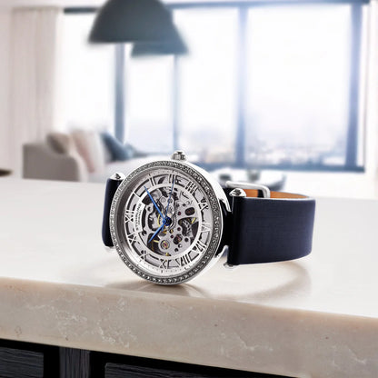 Stuhrling Original Luxe 4022 Women's Automatic Watch, 38mm, Navy Leather Strap, Skeleton Dial