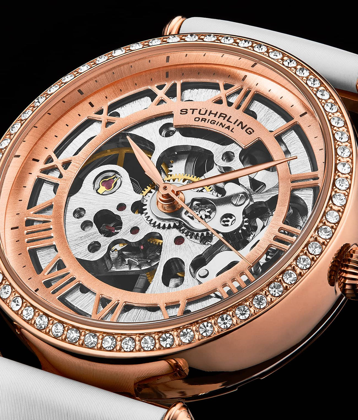 Stuhrling Original Luxe Women's Automatic Watch, White Leather Strap, Skeleton Dial