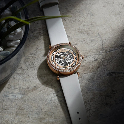 Stuhrling Original Luxe Women's Automatic Watch, White Leather Strap, Skeleton Dial