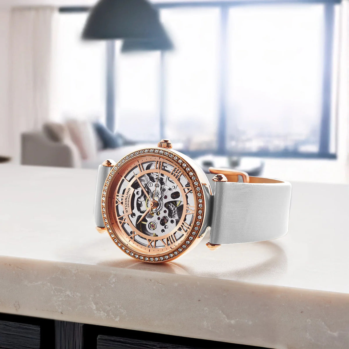 Stuhrling Original Luxe Women's Automatic Watch, White Leather Strap, Skeleton Dial