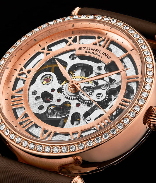 Stuhrling Original Luxe 4022 Women's Automatic Watch, 38mm, Brown Leather Strap, Skeleton Dial