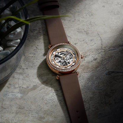 Stuhrling Original Luxe 4022 Women's Automatic Watch, 38mm, Brown Leather Strap, Skeleton Dial