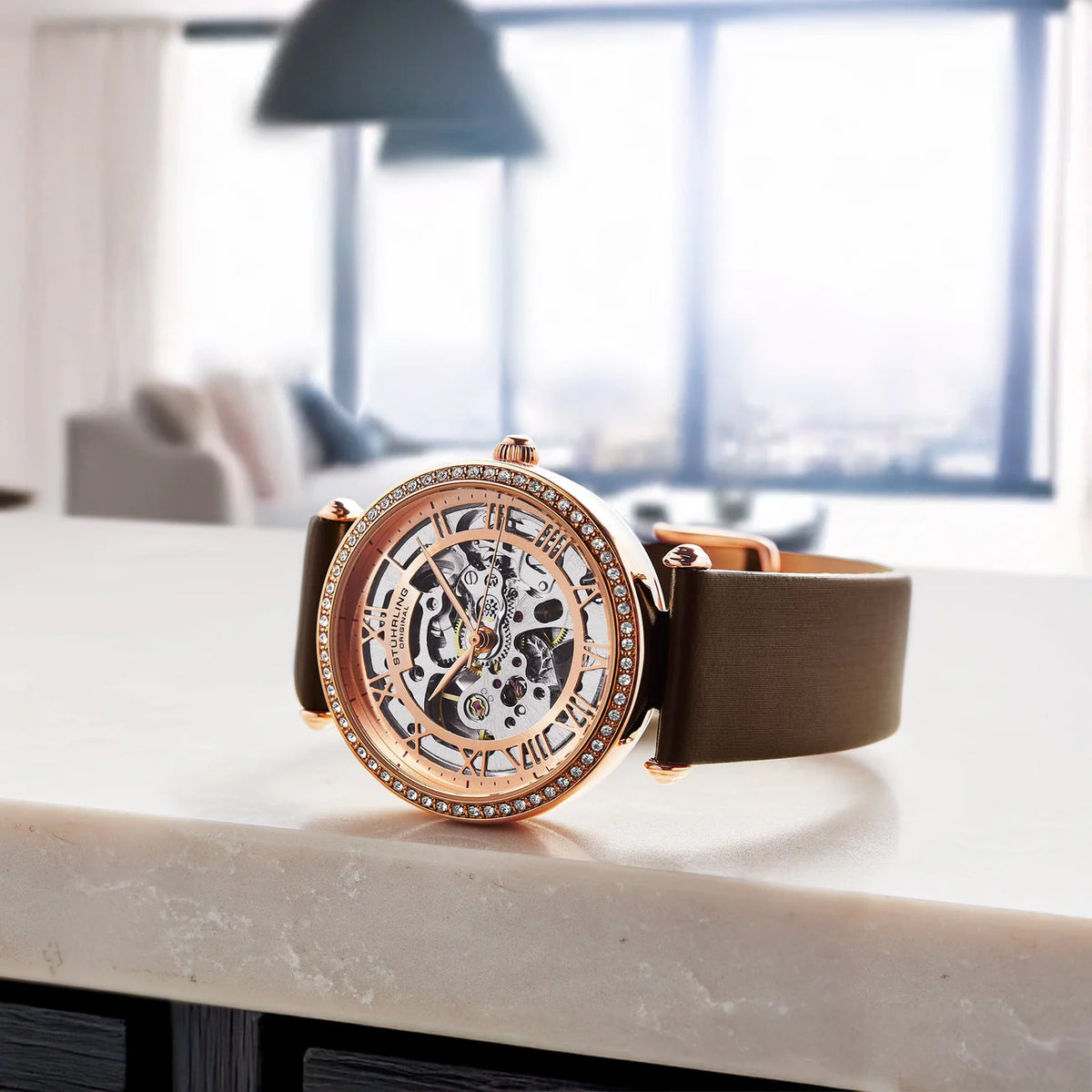 Stuhrling Original Luxe 4022 Women's Automatic Watch, 38mm, Brown Leather Strap, Skeleton Dial