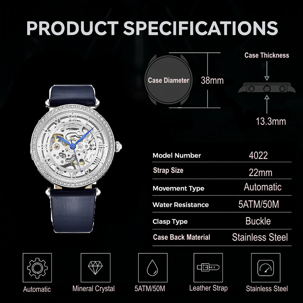Stuhrling Original Luxe 4022 Women's Automatic Watch, 38mm, Brown Leather Strap, Skeleton Dial