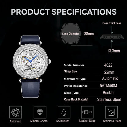 Stuhrling Original Luxe 4022 Women's Automatic Watch, 38mm, Brown Leather Strap, Skeleton Dial