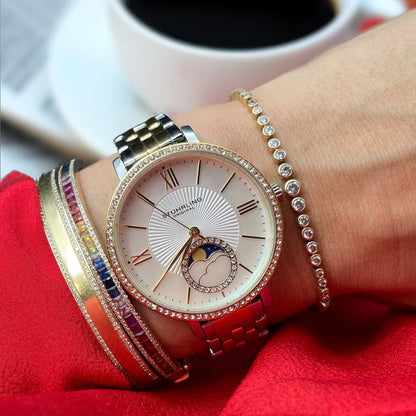 Stuhrling Original Horizon 4038 Women's Quartz Watch, 36mm, White Mother-of-Pearl Dial, Rose Gold-Tone Bracelet, Crystal-Accented Bezel