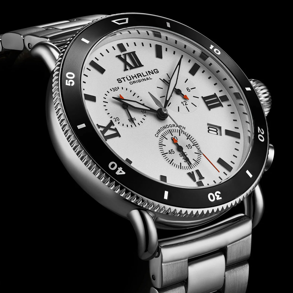 Stuhrling Original Dualmode Men's Quartz Chronograph Watch, 48mm, White Dial, Black Bezel