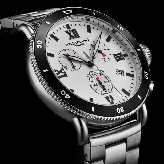 Stuhrling Original Dualmode Men's Quartz Chronograph Watch, 48mm, White Dial, Black Bezel