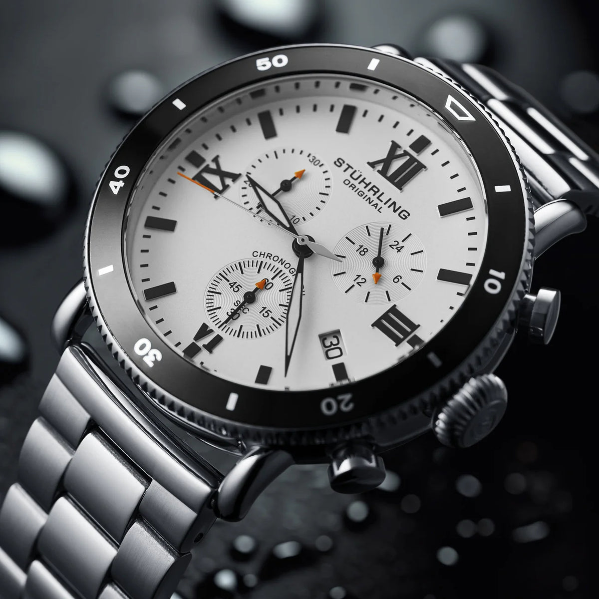Stuhrling Original Dualmode Men's Quartz Chronograph Watch, 48mm, White Dial, Black Bezel