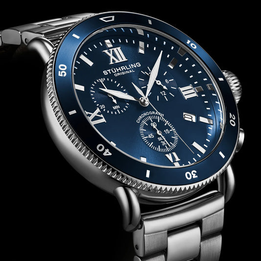 Stuhrling Original Dualmode Men's Quartz Chronograph Watch, 48mm, Blue Dial, Silver Link Bracelet