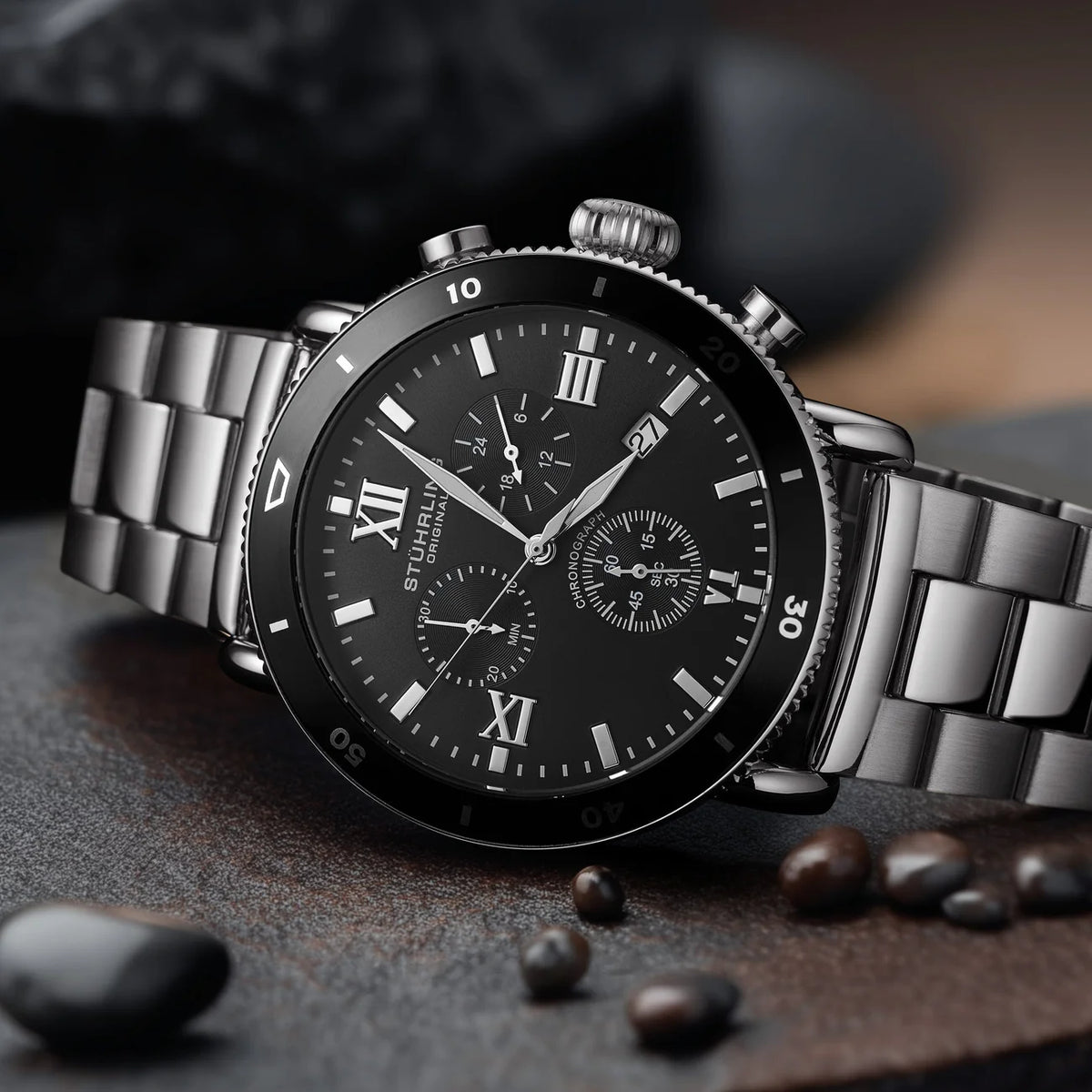 Stuhrling Original Dualmode 4040 Men's Quartz Chronograph Watch, 48mm, Black Case