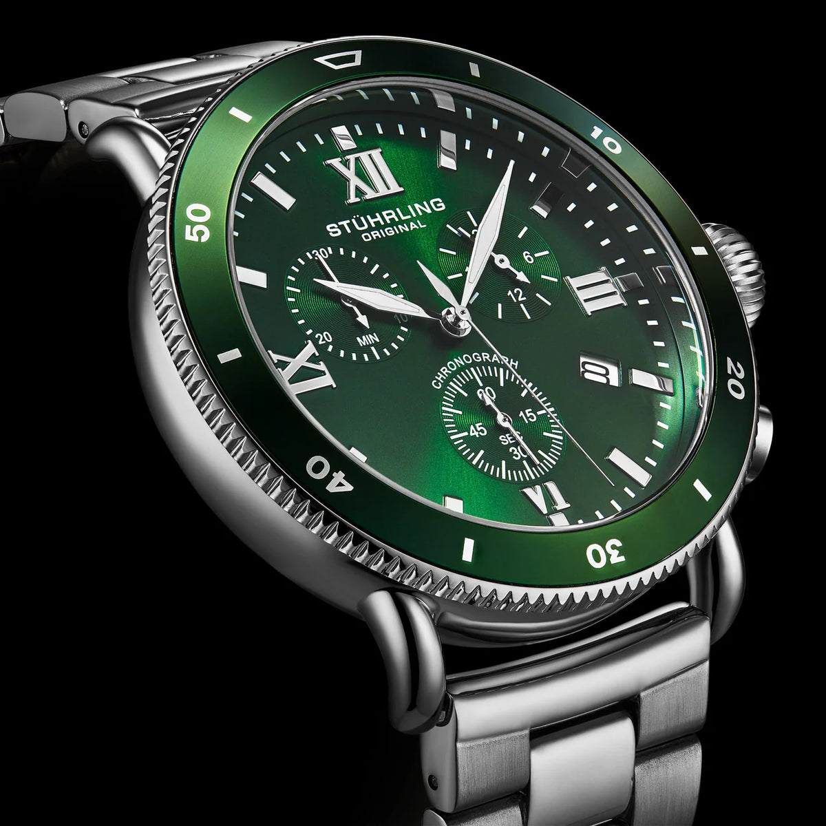 Stuhrling Original Dualmode 4040 Men's Quartz Chronograph Watch, 48mm, Green Dial, SS Link Bracelet
