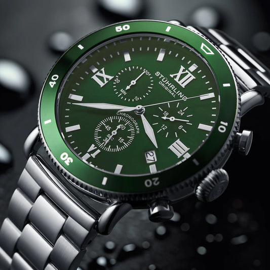 Stuhrling Original Dualmode 4040 Men's Quartz Chronograph Watch, 48mm, Green Dial, SS Link Bracelet