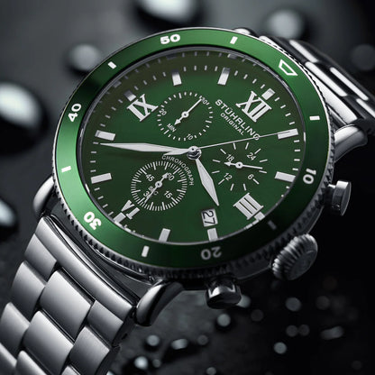 Stuhrling Original Dualmode 4040 Men's Quartz Chronograph Watch, 48mm, Green Dial, SS Link Bracelet