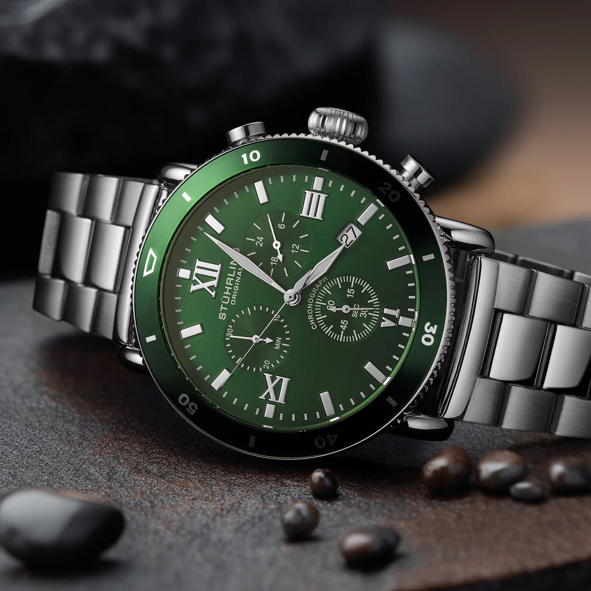 Stuhrling Original Dualmode 4040 Men's Quartz Chronograph Watch, 48mm, Green Dial, SS Link Bracelet
