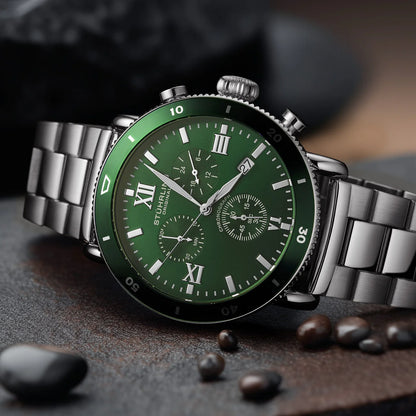 Stuhrling Original Dualmode 4040 Men's Quartz Chronograph Watch, 48mm, Green Dial, SS Link Bracelet