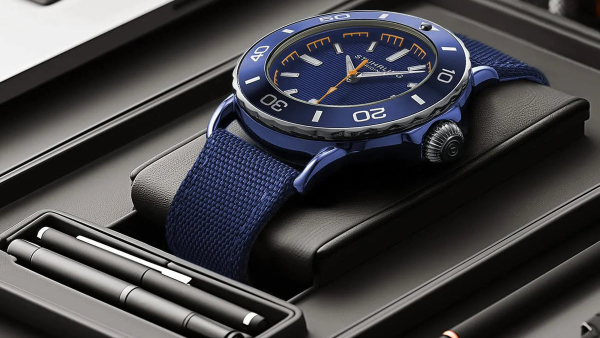 Stuhrling Original Explorer Men's Quartz Diver Watch, 40mm, Navy Dial, Navy Nylon Strap