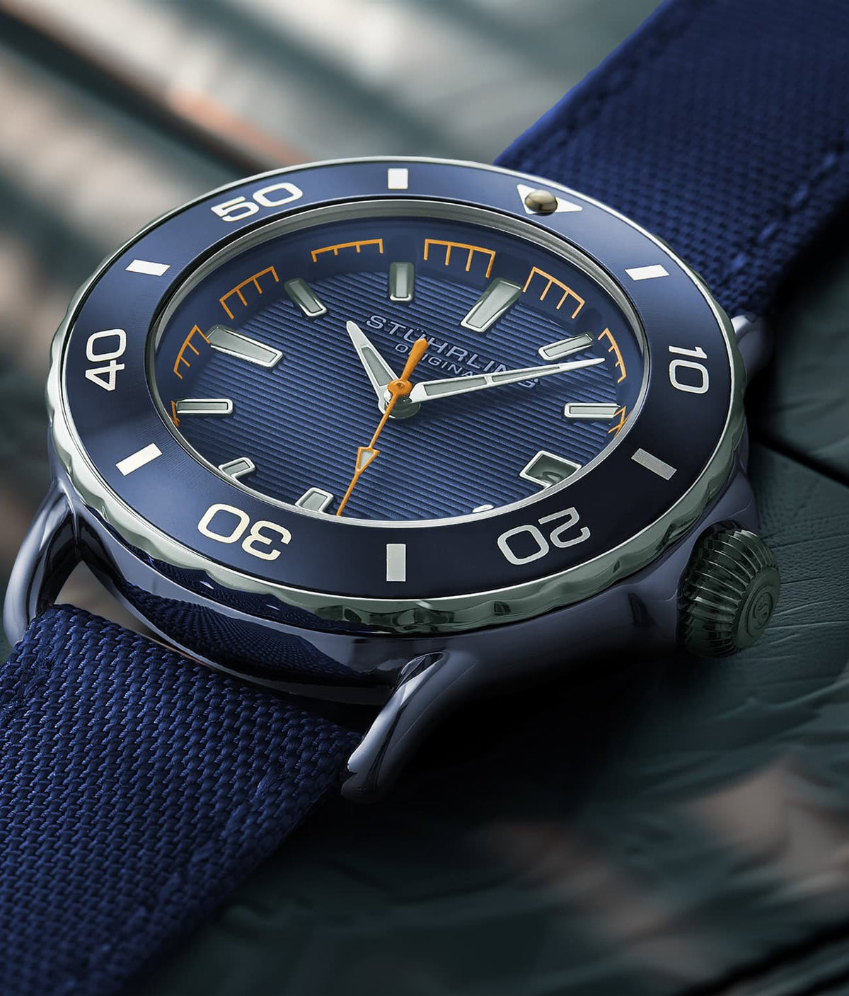 Stuhrling Original Explorer Men's Quartz Diver Watch, 40mm, Navy Dial, Navy Nylon Strap