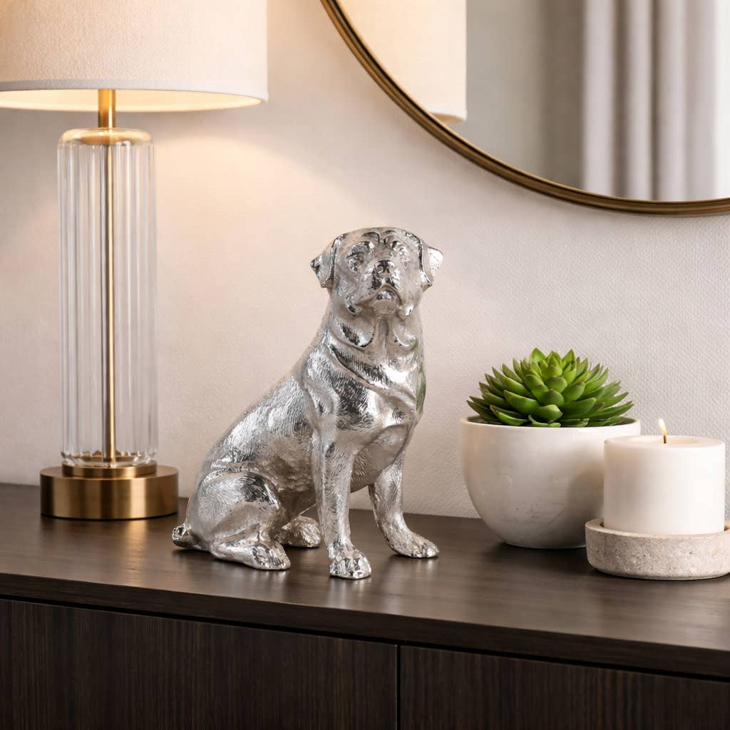 Decorative Figurine - Silver Metal Seated Dog, 7 in.