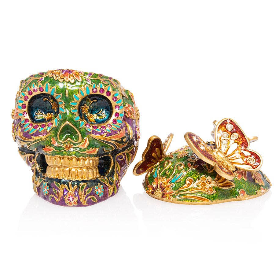 Jay Strongwater Rivera Skull with Butterflies Decorative Box, Red Butterfly Flower Swarovski Crystal Enamel Gold-Finished