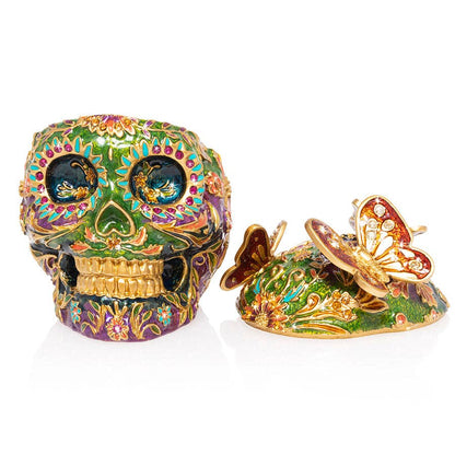 Jay Strongwater Rivera Skull with Butterflies Decorative Box, Red Butterfly Flower Swarovski Crystal Enamel Gold-Finished