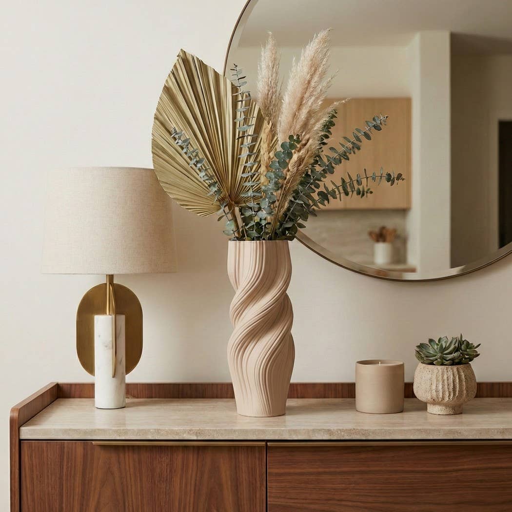 Decorative Vase - Tan Ceramic 3D Printed Twisted, 16 in.