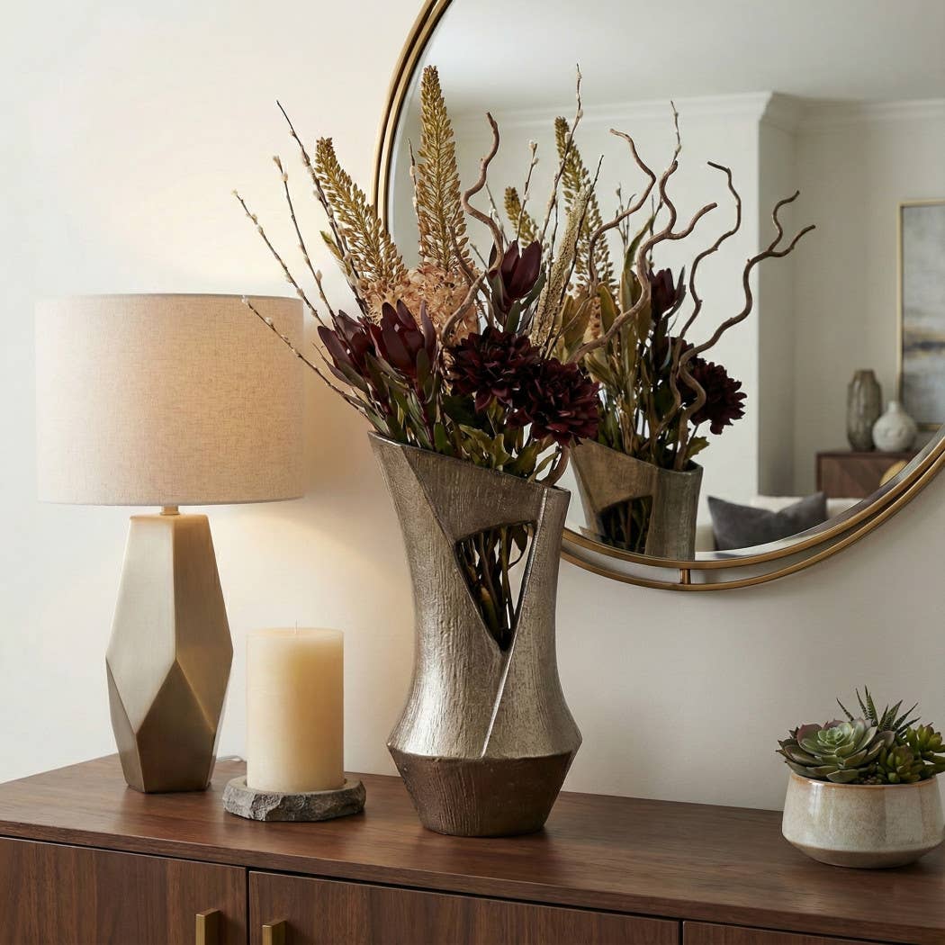Decorative Vase - Gold Metal Artistic Cutout Design, 16 in.
