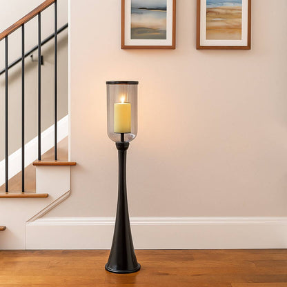 Candle Holder - Black Metal Frame Glass Hurricane, 34 in.