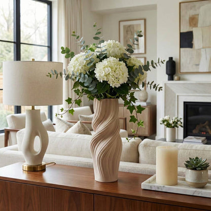 Decorative Vase - Tan Ceramic 3D Printed Twisted, 14 in.