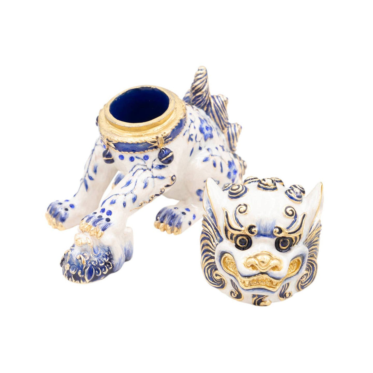 Jay Strongwater Yin Foo Dog Chinoiserie Decorative Box, Blue Flower Austrian Crystal Enamel Gold-Finished