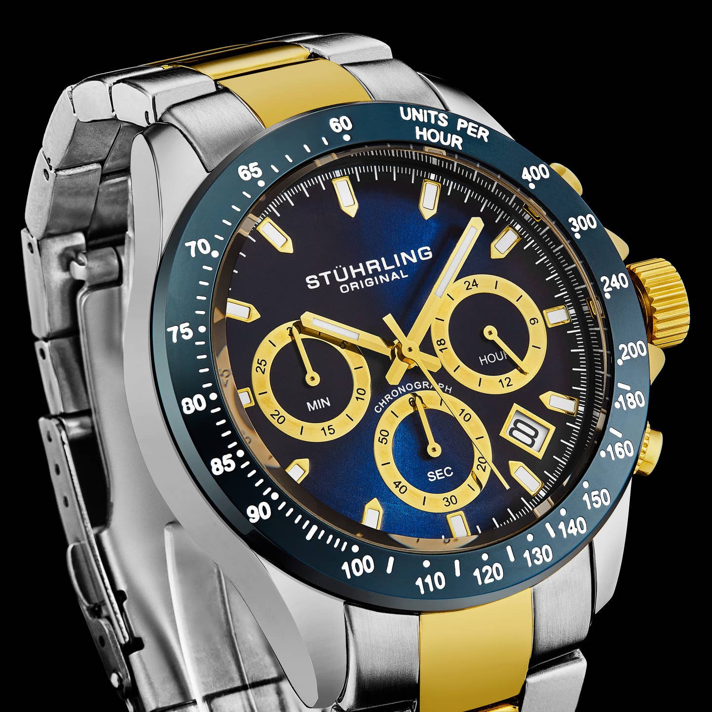 Stuhrling Original Ultima 3960 Men's Quartz Chronograph Watch, 42mm, Blue Dial, Gold-Tone Stainless Steel Bracelet