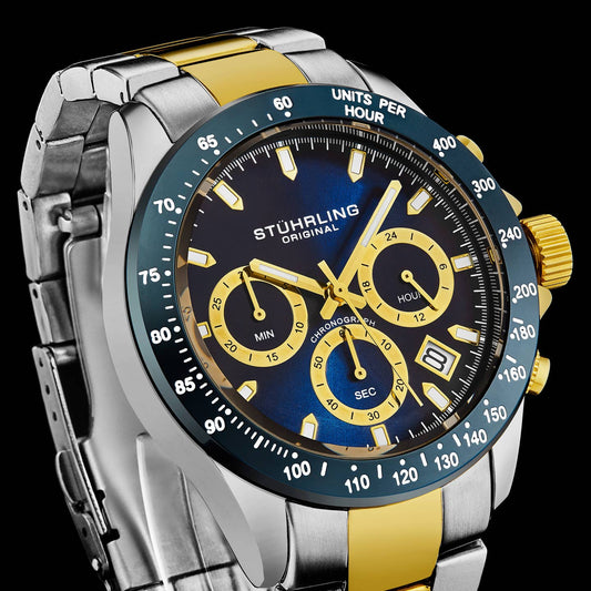 Stuhrling Original Ultima 3960 Men's Quartz Chronograph Watch, 42mm, Blue Dial, Gold-Tone Stainless Steel Bracelet