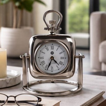Table Clock - Silver Metal Accent with Glass Face, 9 in.