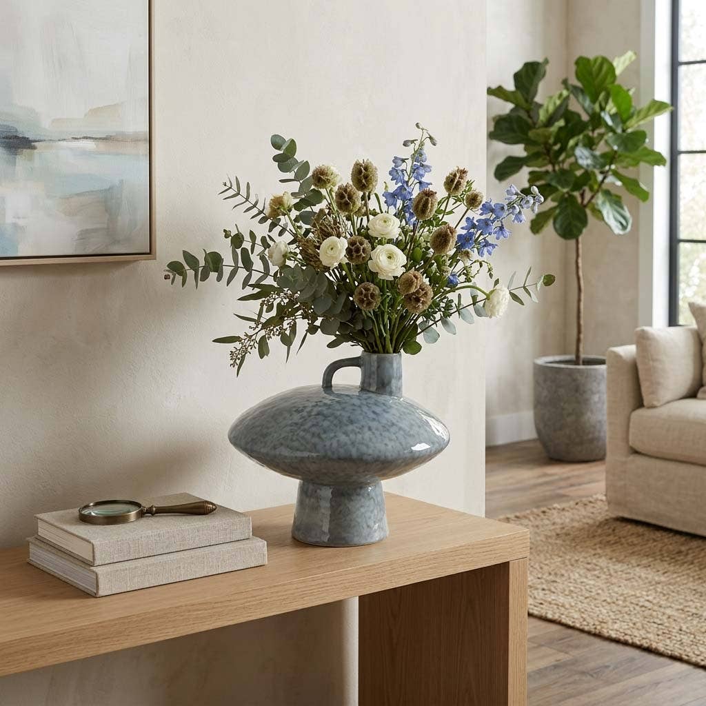 Deocrative Vase - Gray Earthenware Short Round Vessel, 9 in.