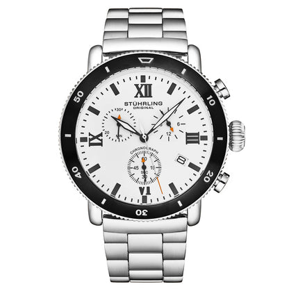 Stuhrling Original Dualmode Men's Quartz Chronograph Watch, 48mm, White Dial, Black Bezel