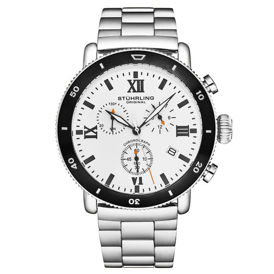 Stuhrling Original Dualmode Men's Quartz Chronograph Watch, 48mm, White Dial, Black Bezel