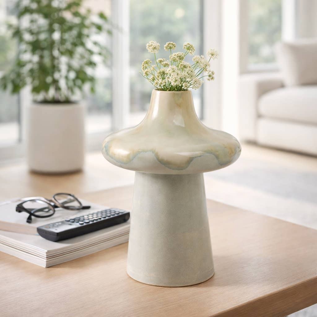 Decorative Vase - Beige Ceramic Sculptural Design, 12 in.