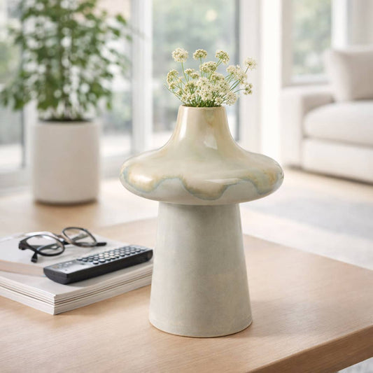 Decorative Vase - Beige Ceramic Sculptural Design, 12 in.
