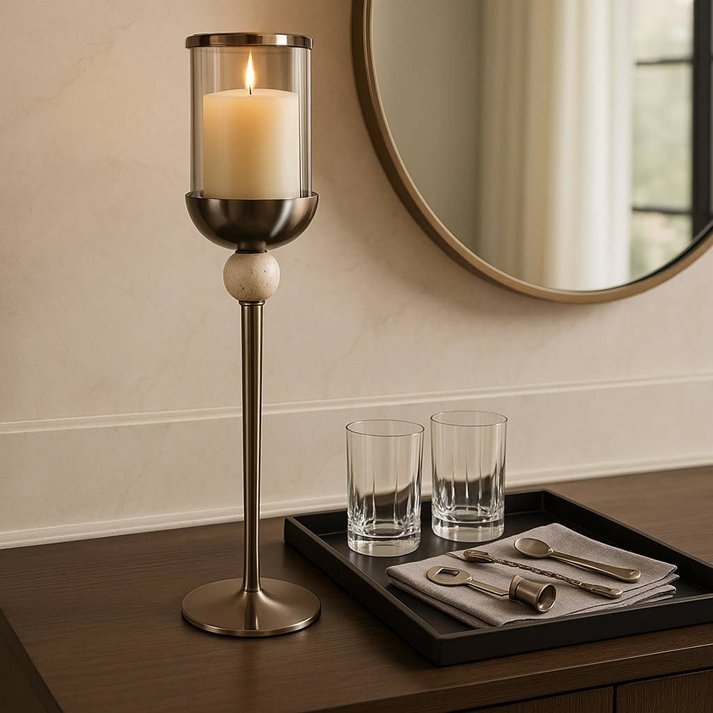 Candle Holder - Bronze Metal Large Floor Hurricane, 29 in.
