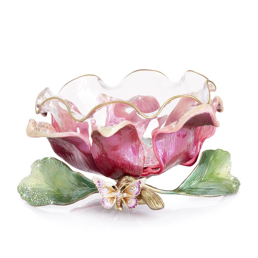 Jay Strongwater Sydney Large Flower Ruffle Swarovski Crystal Enamel Gold-Finished Decorative Bowl, Flora
