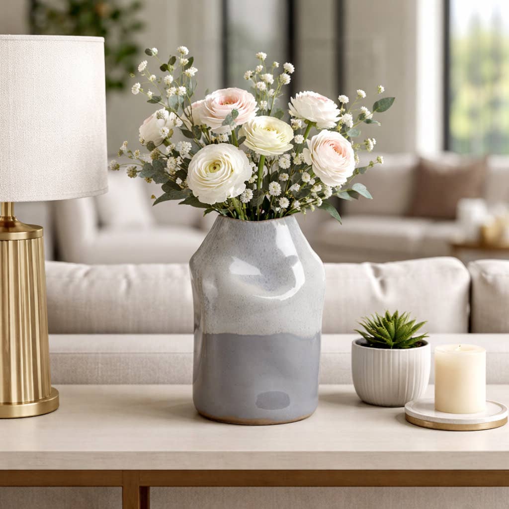 Decorative Vase - Gray Ceramic Sculptural Design, 13 in.