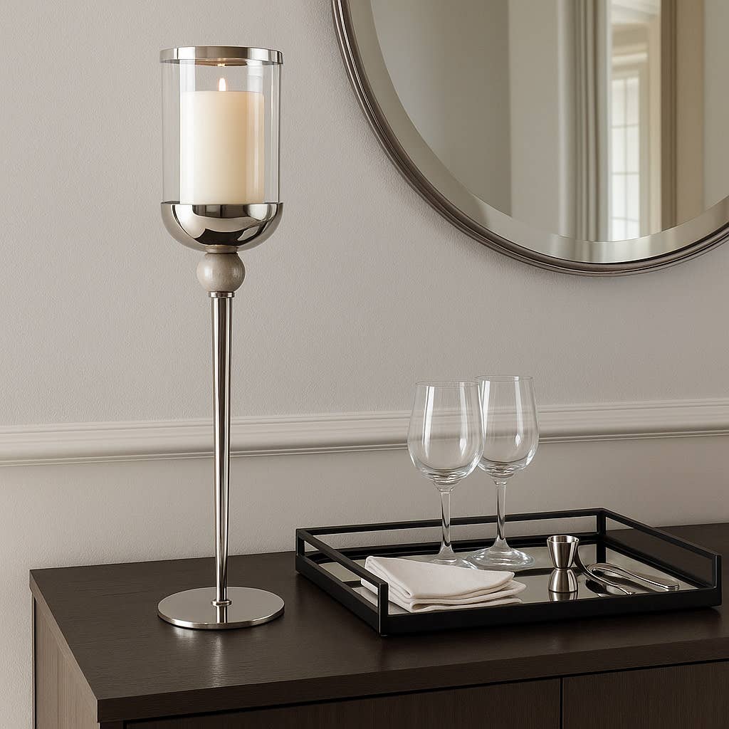 Candle Holder - Silver Metal Large Floor Hurricane, 29 in.
