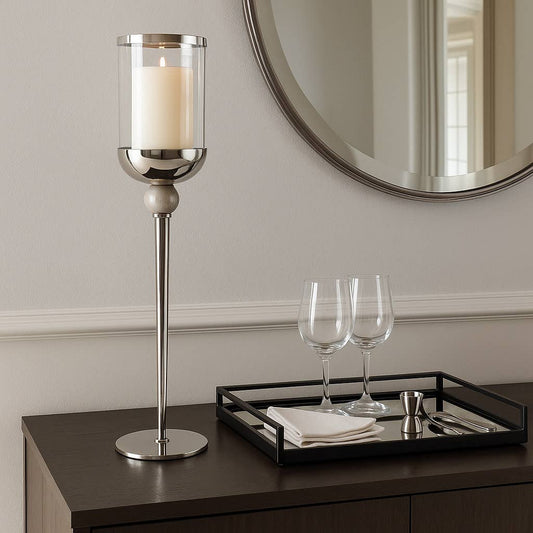 Candle Holder - Silver Metal Large Floor Hurricane, 29 in.