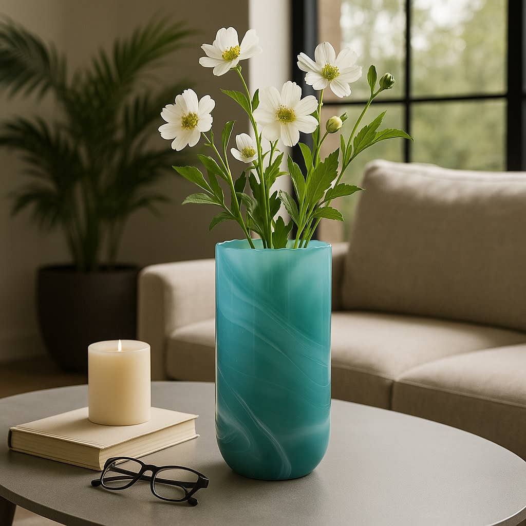 Decorative Vase - Blue Glass Swirl Coastal Inspired, 14 in.